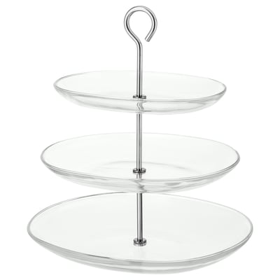 KVITTERA 3-tier glass serving stand, modern design, clear color, stainless steel handle, round plates.