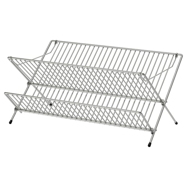 A KVOT silver metal dish rack. Its designed with three tiers to hold plates, dishes, bowls, and glasses. The structure is foldable for easy storage.