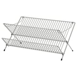 A KVOT silver metal dish rack. Its designed with three tiers to hold plates, dishes, bowls, and glasses. The structure is foldable for easy storage.