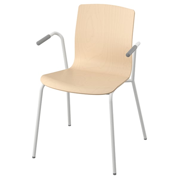 A LÄKTARE chair, crafted from light wood, with sleek grey armrests and a minimalist design.