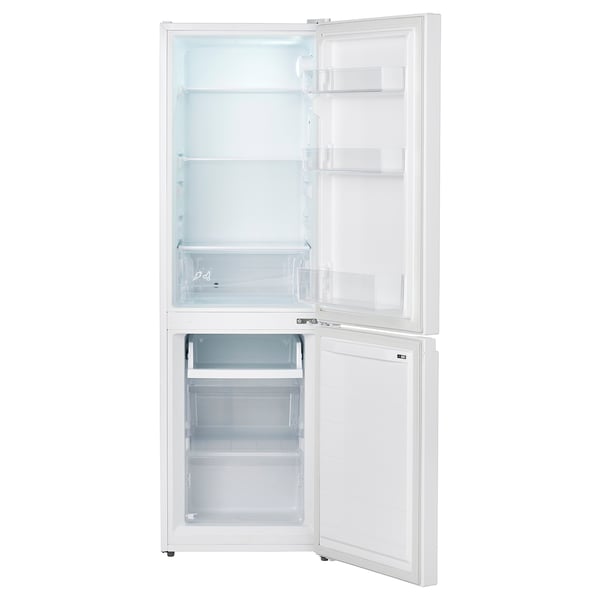 Image shows open white fridge freezer with adjustable shelves and led light.