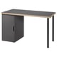 This image an ikea LAGKAPTEN desk in grey with a fibreglass and steel frame. It has a rectangular top and storage cabinet with a single door.