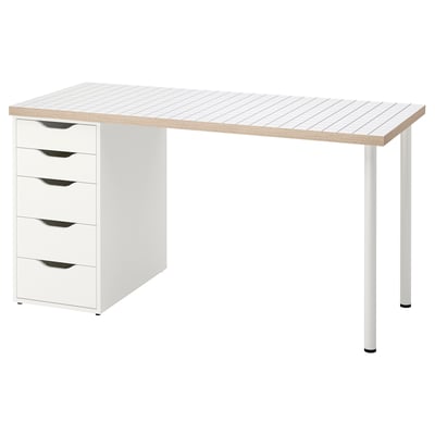 LAGKAPTEN white desk with 4 drawers. Light wood top, white base, simple design for home office.