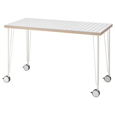 LAGKAPTEN white tabletop with symmetrical square pattern on white hairpin legs with castors.