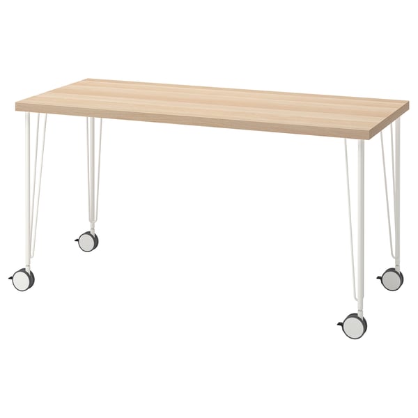 LAGKAPTEN: light wooden desk with white metal legs and wheels. Simple, minimalist design.