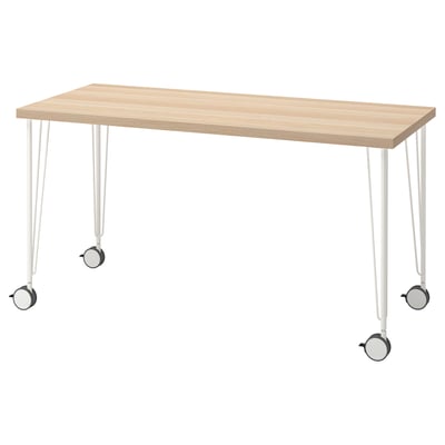 LAGKAPTEN: light wooden desk with white metal legs and wheels. Simple, minimalist design.