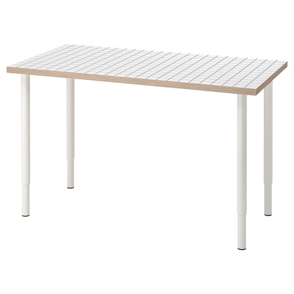 LAGKAPTEN: modern rectangle table, light color, adjustable legs, wooden top with square pattern design.
