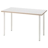 LAGKAPTEN: modern rectangle table, light color, adjustable legs, wooden top with square pattern design.