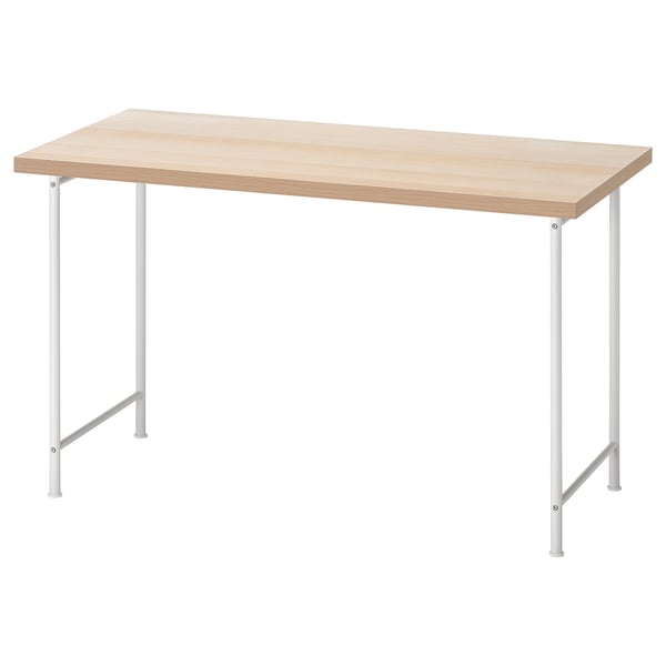 LAGKAPTEN: rectangular light wood desk with white legs. Modern, minimalist design. Sturdy with adjustable feet.