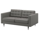 Modern grey fabric 2-seater sofa, square tufted back & seat, sturdy chrome legs.