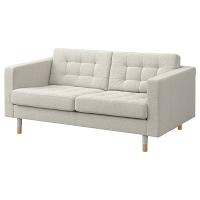 Light grey LANDSKRONA loveseat, modern design, upholstered fabric, wooden legs.