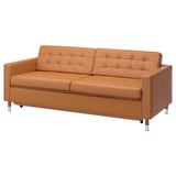 A tan leather sofa named LANDSKRONA. It is modern with tufted back and seat cushions, wooden legs, and a 10-year guarantee.