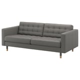 A grey, leather-look sofa called LANDSKRONA. It has tufted cushions and wooden legs.