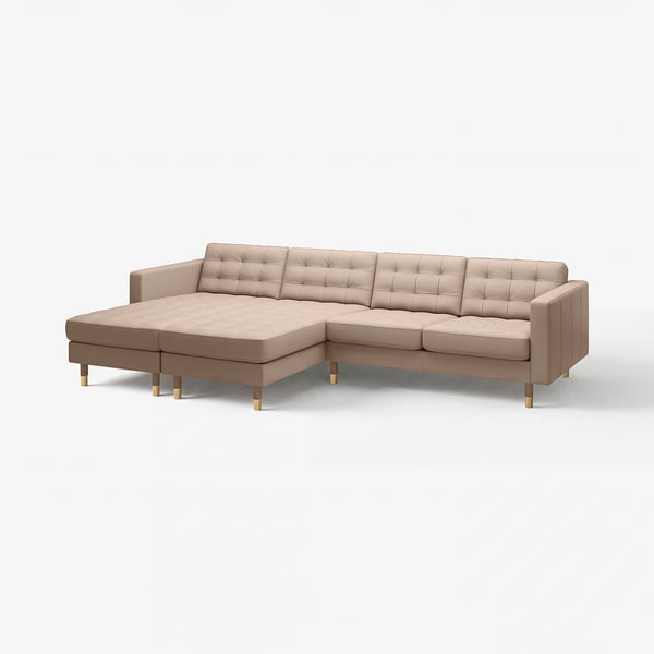 Modern tan leather sectional sofa with tufted cushions and wooden legs.