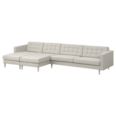 LANDSKRONA sectional sofa, light gray, boxy design with tufted back, steel legs.