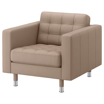 LANDSKRONA beige leather chair, square cushions, chrome legs.