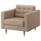 Beige leather armchair with tufted back & seat, wooden legs.