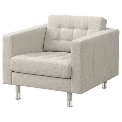 A modern, light grey upholstered armchair named landkrona with chrome legs.