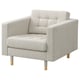 Option: Depicts a LANDSKRONA armchair in light beige with wooden legs, featuring a plush, tufted design for comfort.