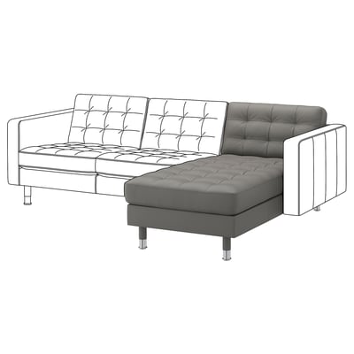 Modern l-shaped gray leather sofa with tufted cushions and chrome legs.