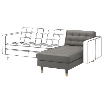 A grey ikea LANDSKRONA l-shaped sofa with tufted leather and wooden legs.