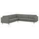 Option: Gray l-shaped modern sofa with tufted back and wooden legs.