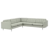 Modern light grey corner sofa with tufted back, chrome legs, and clean lines.