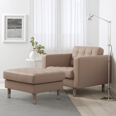 Beige LANDSKRONA chair & footstool, tufted, modern design, perfect for contemporary living.