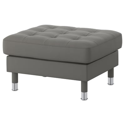 Modern grey square footstool with tufted upholstery, metal legs, sleek design.