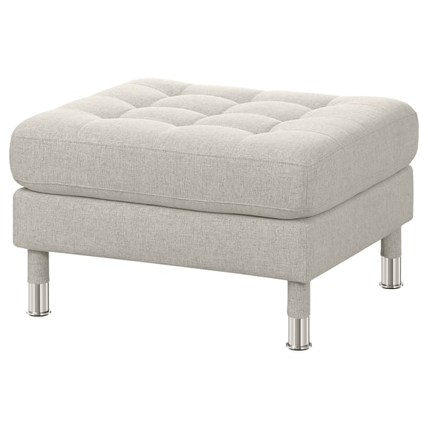 A grey LANDSKRONA footstool with a tufted top, made from polyester fabric and supported by chrome steel legs.