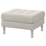 A grey LANDSKRONA footstool with a tufted top, made from polyester fabric and supported by chrome steel legs.