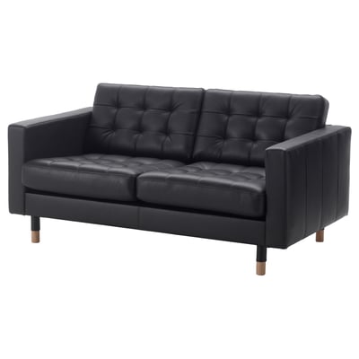 Black leather loveseat, luxurious design, tufted back and seat, wooden legs, sleek style.