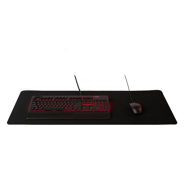 Black gaming mouse pad with red lights, accommodating a keyboard and mouse.