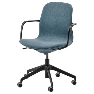 LÅNGFJÄLL office chair, blue. Adjustable height, lumbar support, and armrests. Aluminum base with casters.