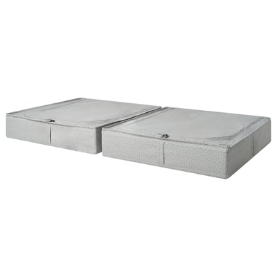 Two gray fabric storage boxes with zippers, for organizing childrens items.