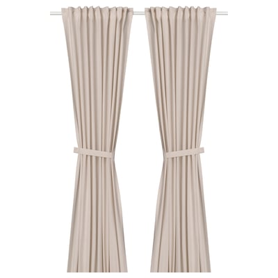 Light pink LENDA curtains, cotton with ribbed texture, tied back.