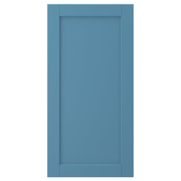 Blue kitchen door with wood frame