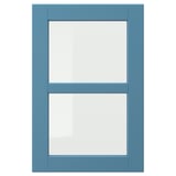 LERHYTTAN blue door with square panels and beveled edges. Solid birch frame, tempered glass panels. Rustic, traditional design.