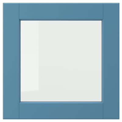 Blue framed square mirror with beveled edges.