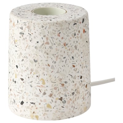 LERSKIFFER: white terrazzo-patterned concrete lamp base with small round shape, for mood lighting.