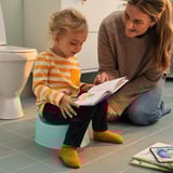 Woman and girl reading on green toilet.