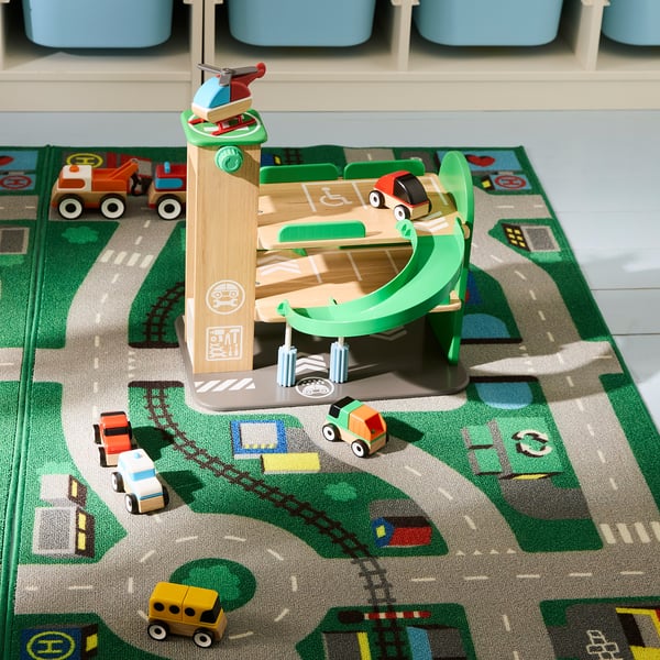 LILLABO play rug with toy cars, roads, garages. Bright, soft, city design.