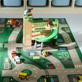 LILLABO play rug with toy cars, roads, garages. Bright, soft, city design.