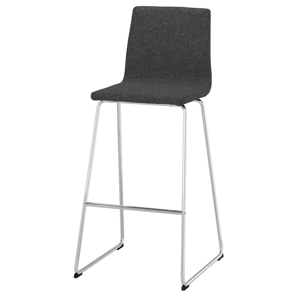 LILLÅNÄS bar stool, grey. Modern, padded seat with back support, chrome legs, footrest.