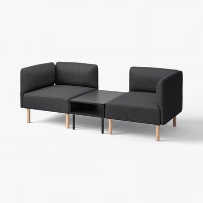 Modern dark grey modular sofa set with wooden legs and central table.