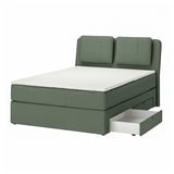 LILLFJÄLLET bed in green with cushions, storage drawer open.