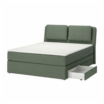 Lillfjälet bed: grey, rectangular, upholstered with green headboard & storage.