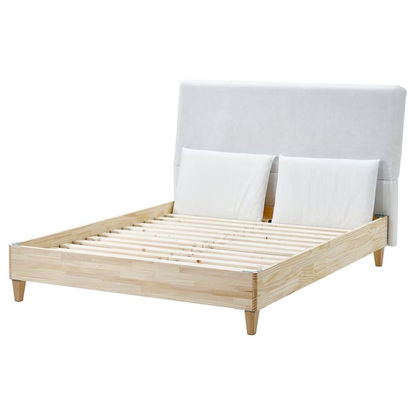 The LILLFJÄLLET bed frame is modern, light grey, with wooden slats and tapered legs, simple and clean design.