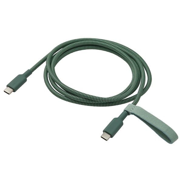 Green usb-c charging cable, braided with rubber ends, 1. 5m, coiled, with elastic band.
