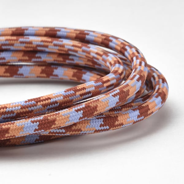 Twisted, colorful braided cable with dense knitting for durability and flexibility.